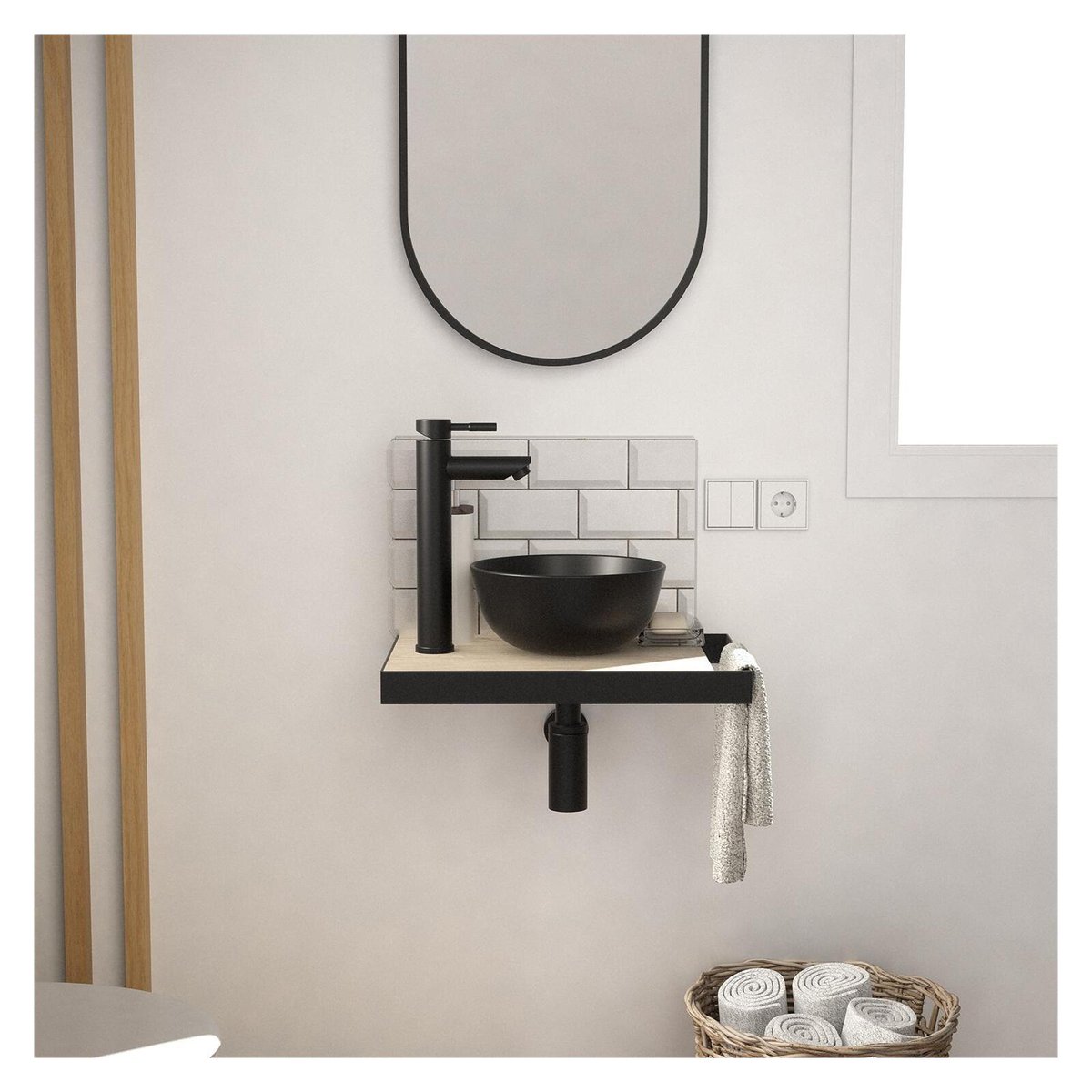 Lave-mains fin +vasque+robinet+miroir SOHO décor chêne, MOB IN