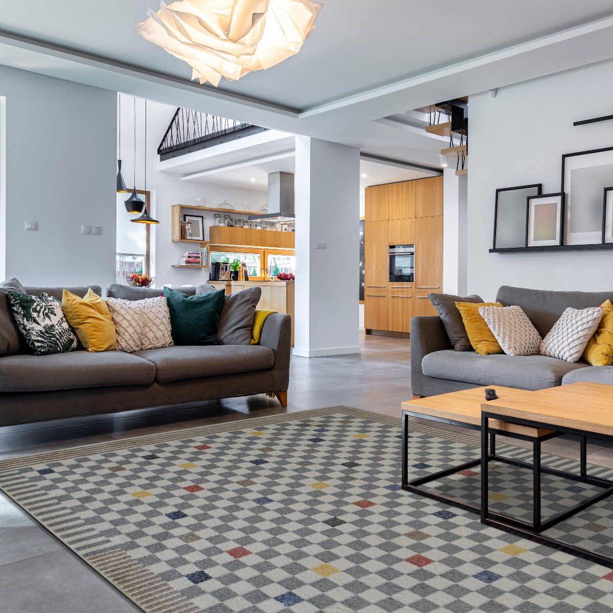 Tapis salon laineux damier RAMINE multicolore, THE DECO FACTORY