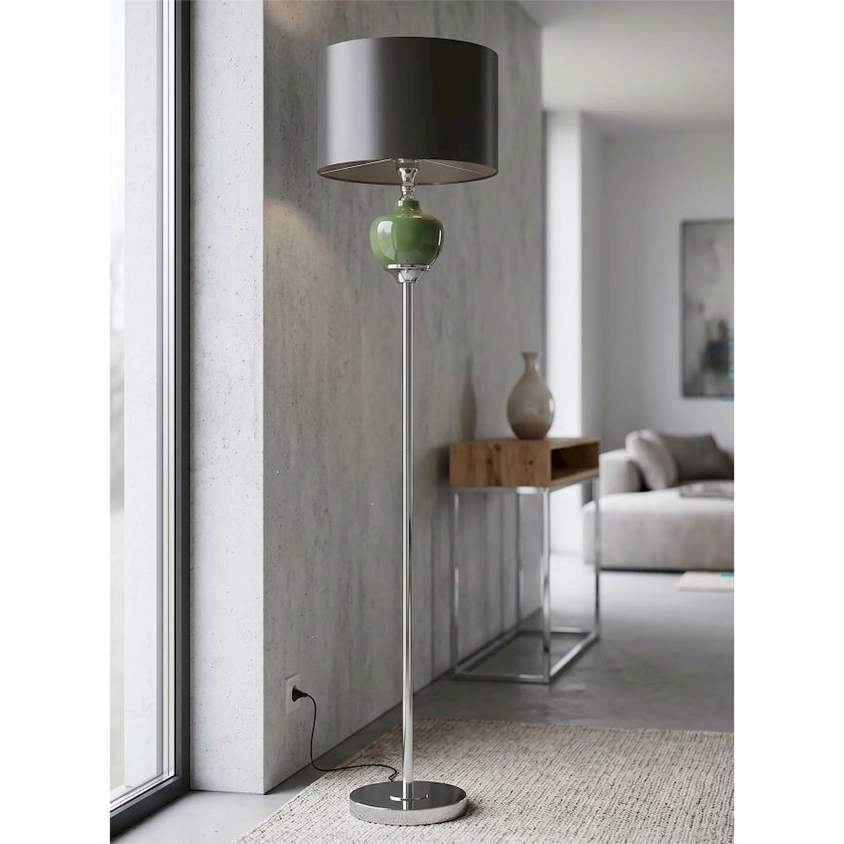 Lampadaire en verre abat-jour en tissu MODERN vert et noir, RECOLLECTION