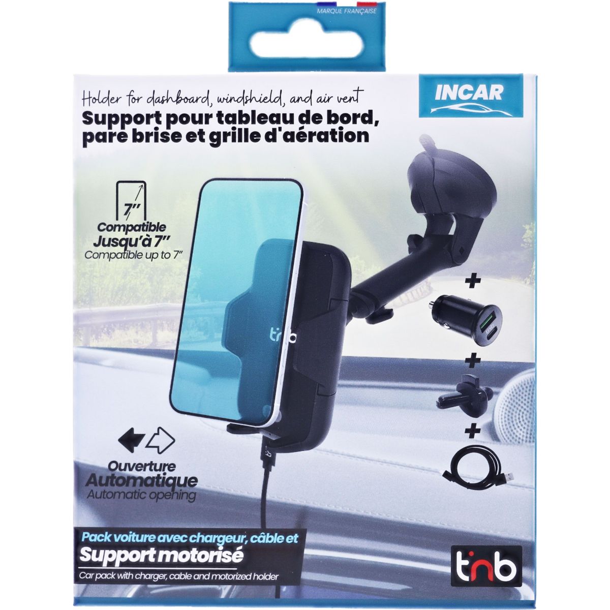 Support smartphone voiture motorisé 3 en 1 avec chargeur couleur unique, TNB