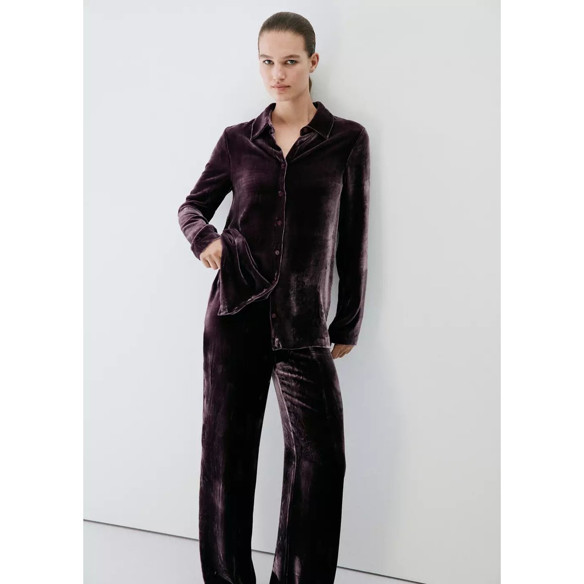 Pantalon de pyjama en mélange de soie violet, MANGO