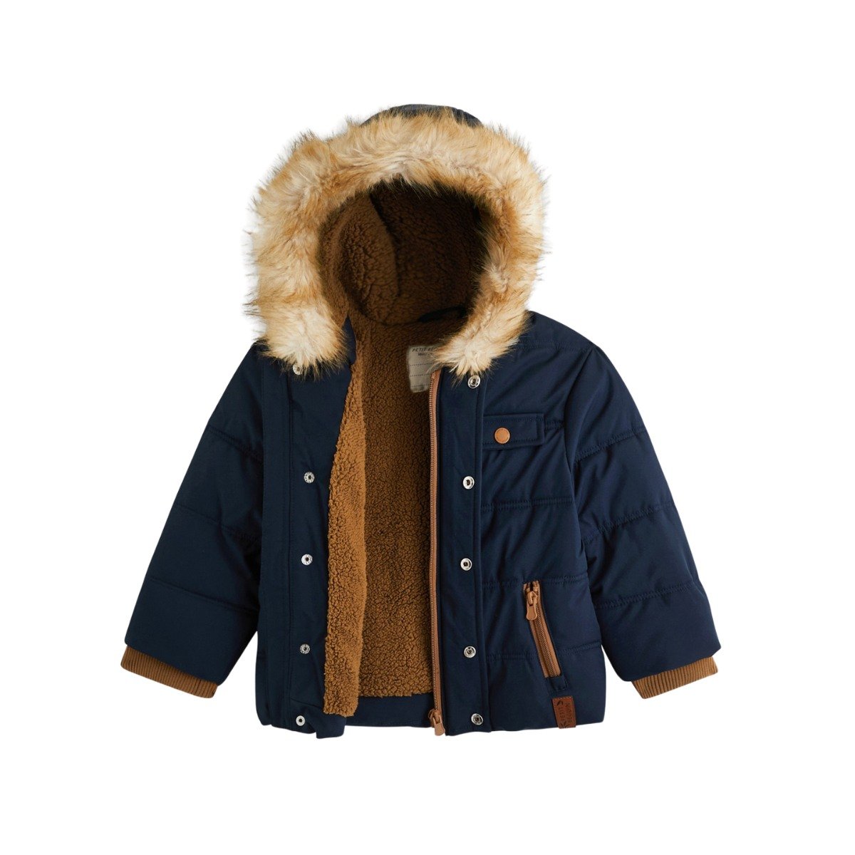 Doudoune enfant imperméable doublée sherpa avec capuche Louis bleu, PETIT BEGUIN