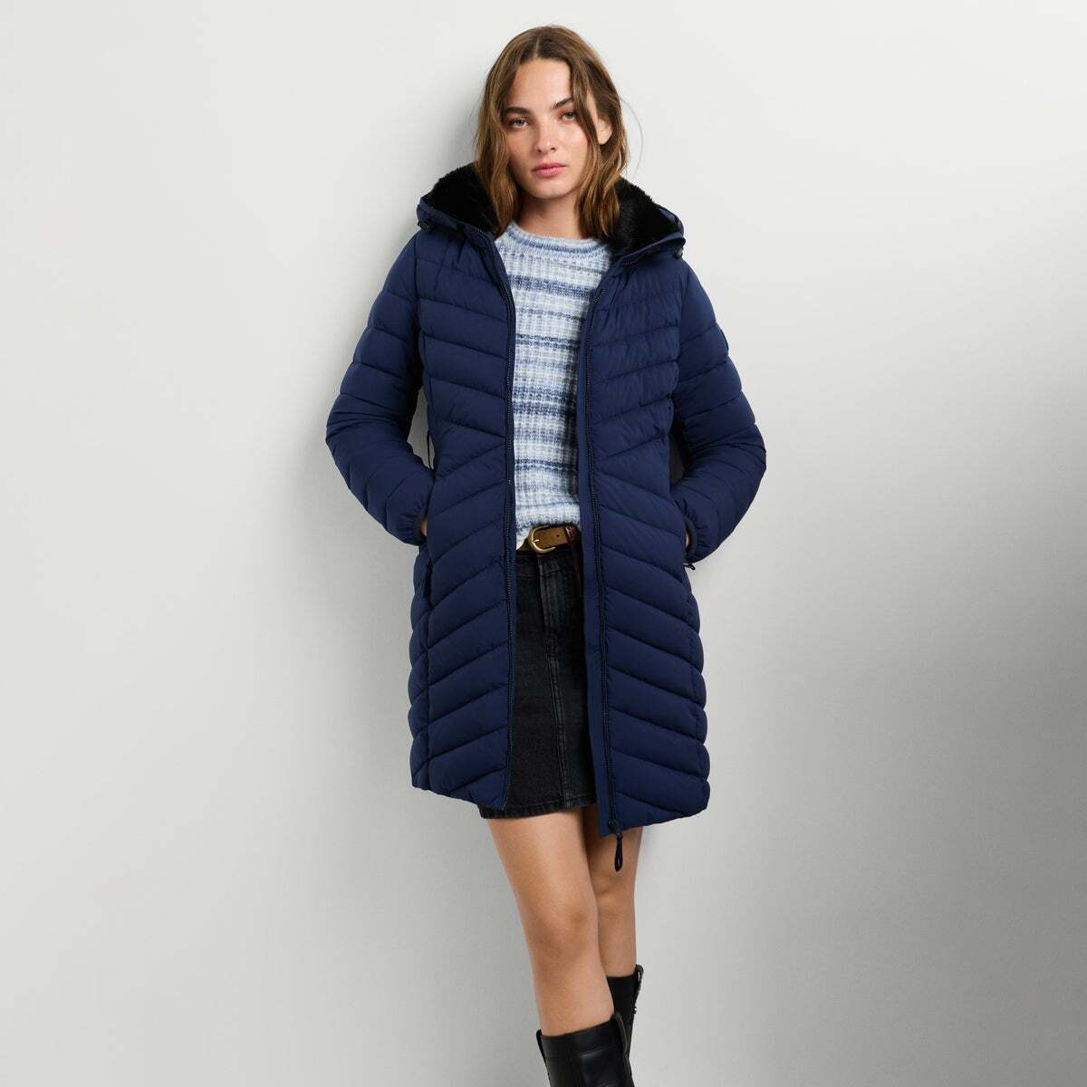 Doudoune Longue Avec Ceinture bleu dulwich, PEPE JEANS