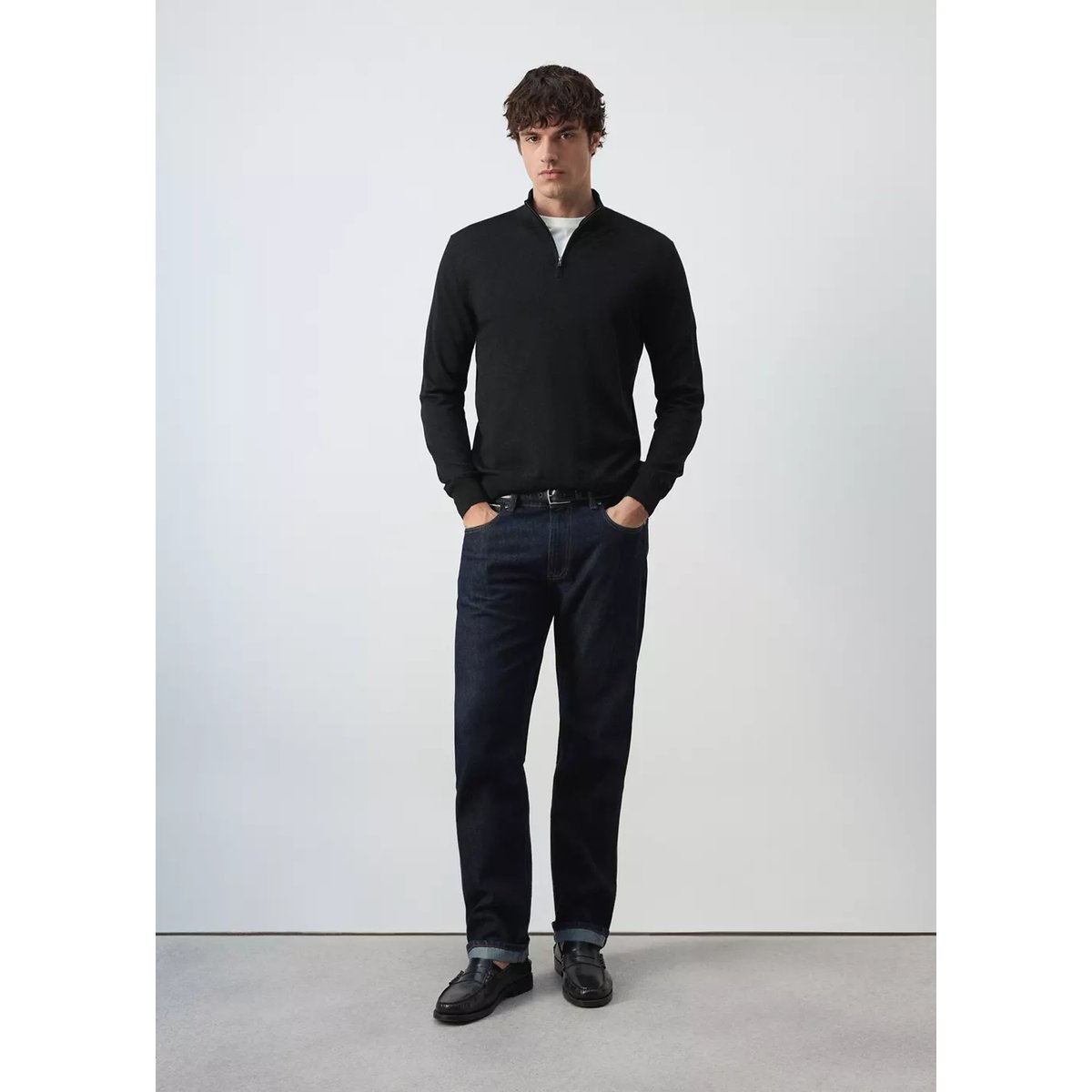 Pull-over 100 % laine mérinos col zippé noir, MANGO MAN