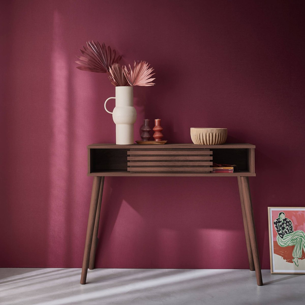 Console scandinave décor bois avec porte coulissante rainurée MADERE naturel, SWEEEK