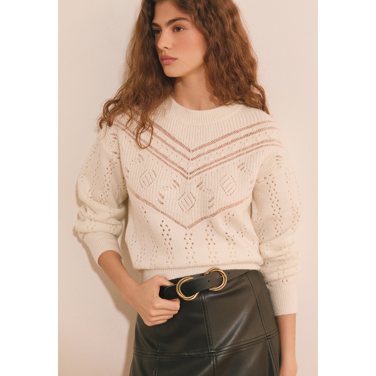 Pull manches longues en maille SOSO ecru, ETAM