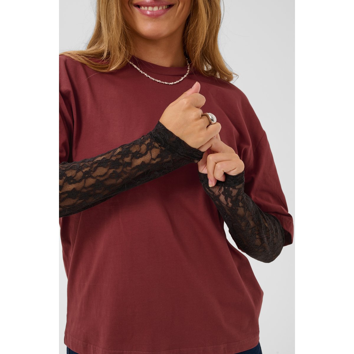 T-shirt à manches longues rouge port/black lace, KAFFE