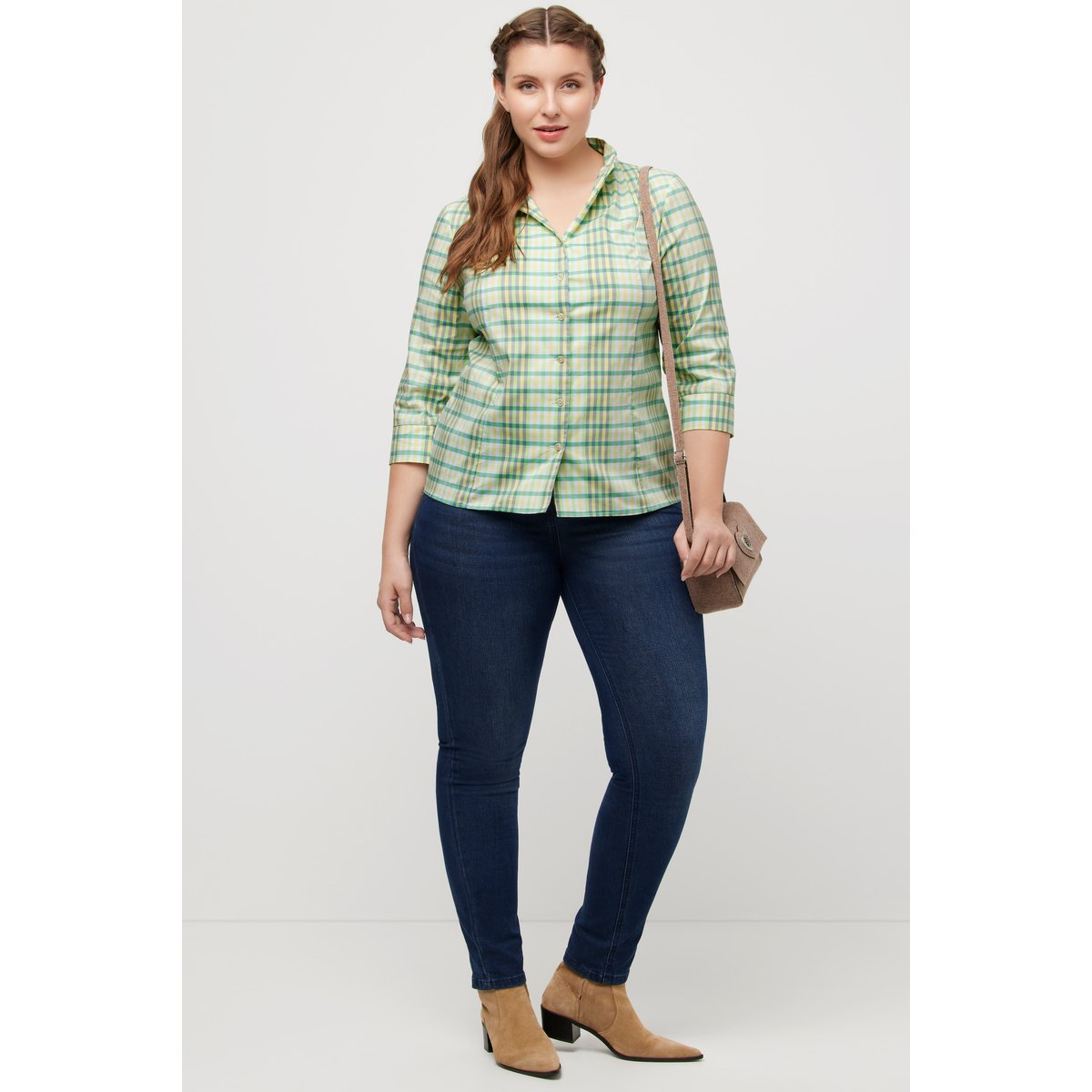 Blouse, carreaux, coupe Slim, col jabot bleu clair, ULLA POPKEN