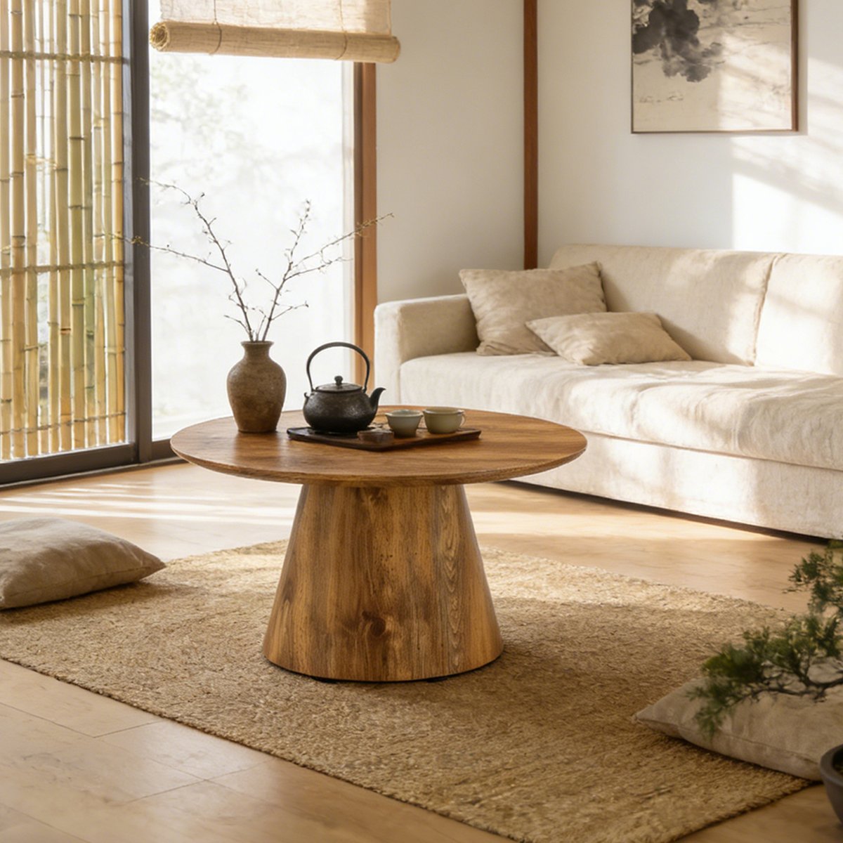 Table basse effet bois ronde scandinave, CONEA medium oak, MEUBLES COSY