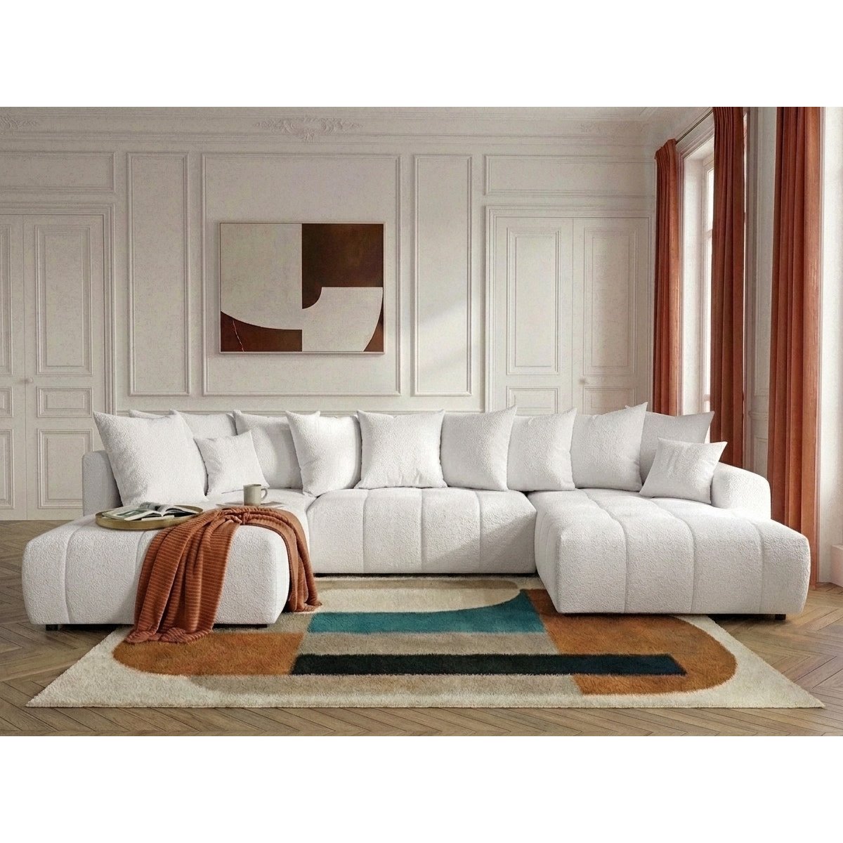 Canapé panoramique convertible 6 places en tissu bouclette, ROXELANE blanc, BOBOCHIC