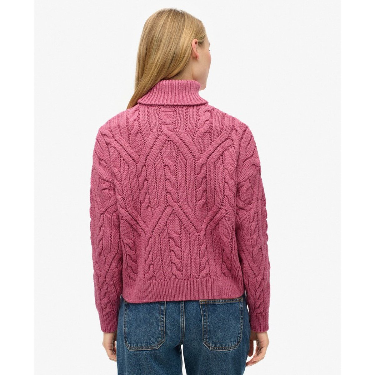 Pull polo en maille torsadée torsade rose papaye, SUPERDRY