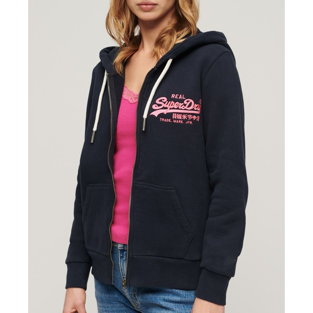 Sweat à capuche zippé à motif fluo bleu marine éclipse, SUPERDRY