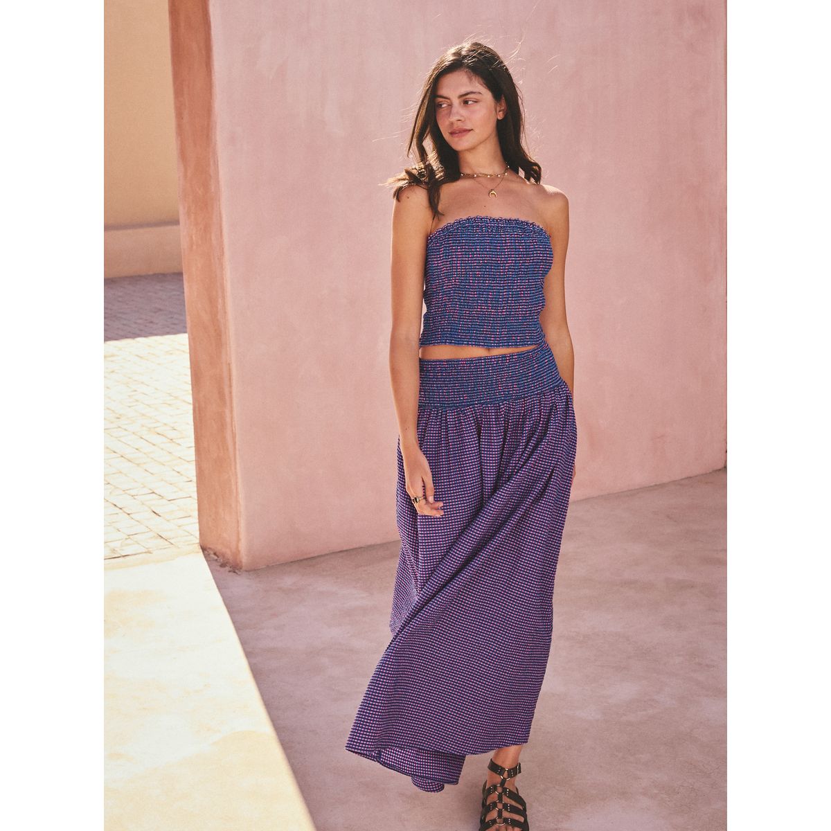 Jupe longue à taille smockée vingham violet/bleu, NEXT