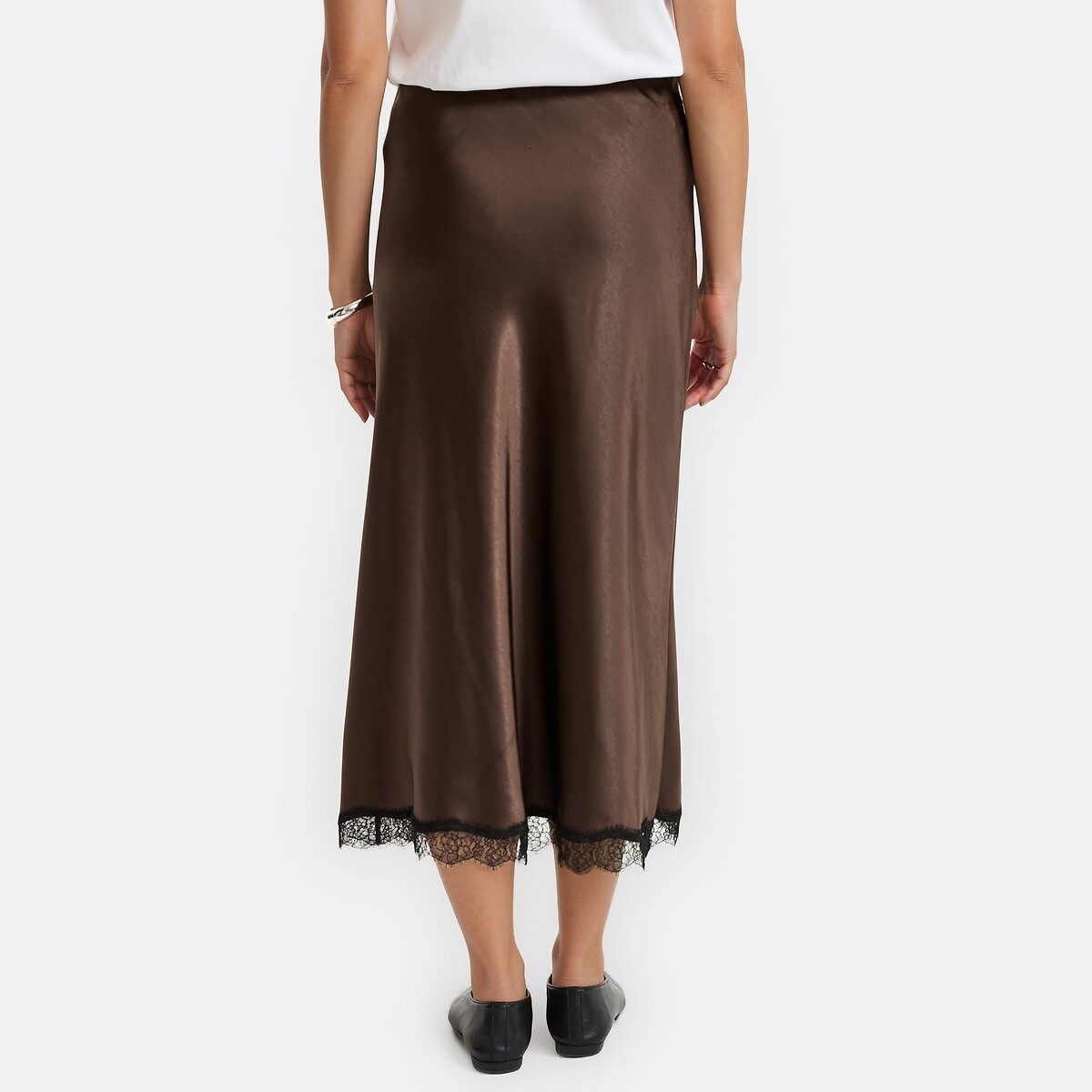 Jupe longue en satin et dentelle à taille élastiquée marron, LA REDOUTE COLLECTIONS