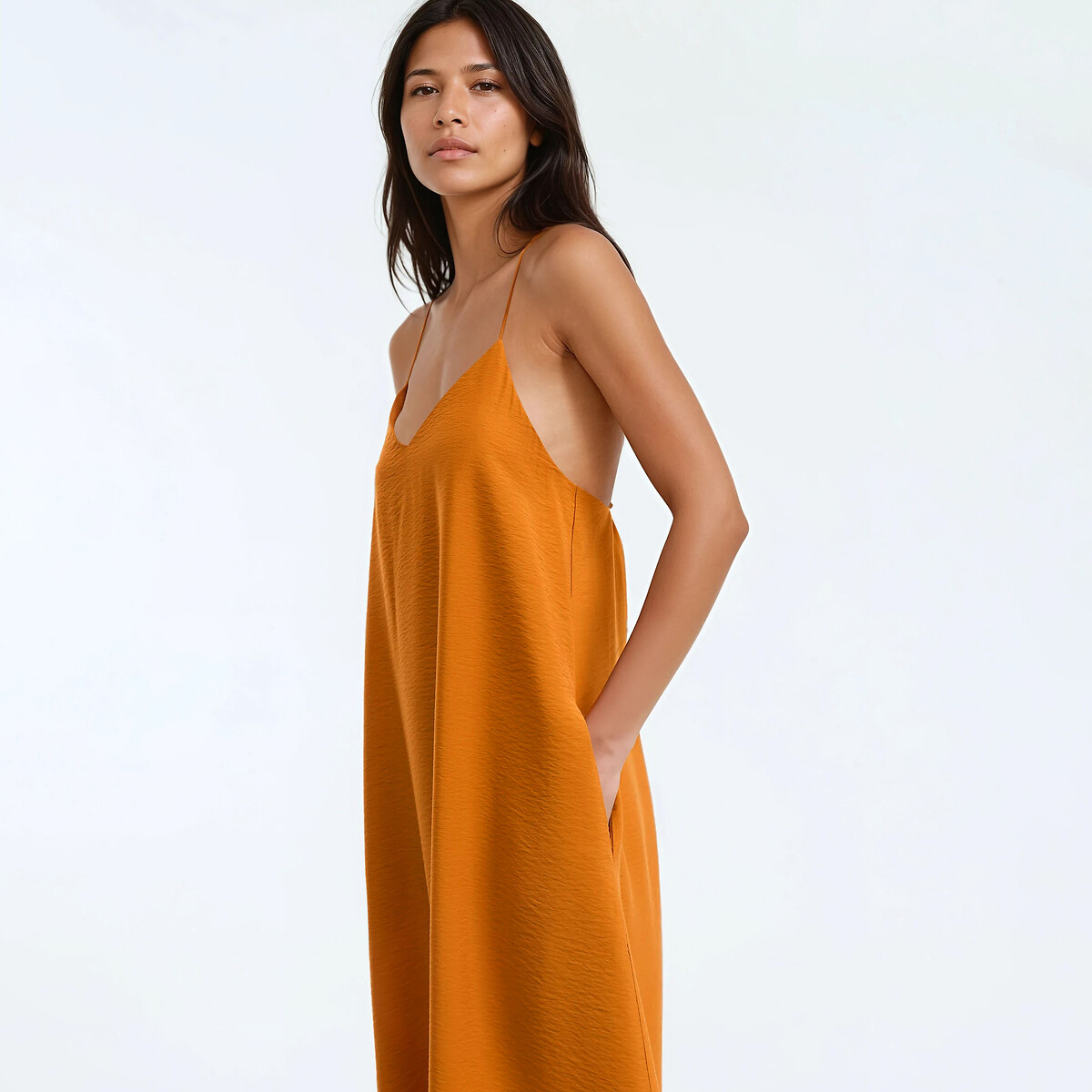 Robe longue, à fines bretelles marron camel, LA REDOUTE COLLECTIONS
