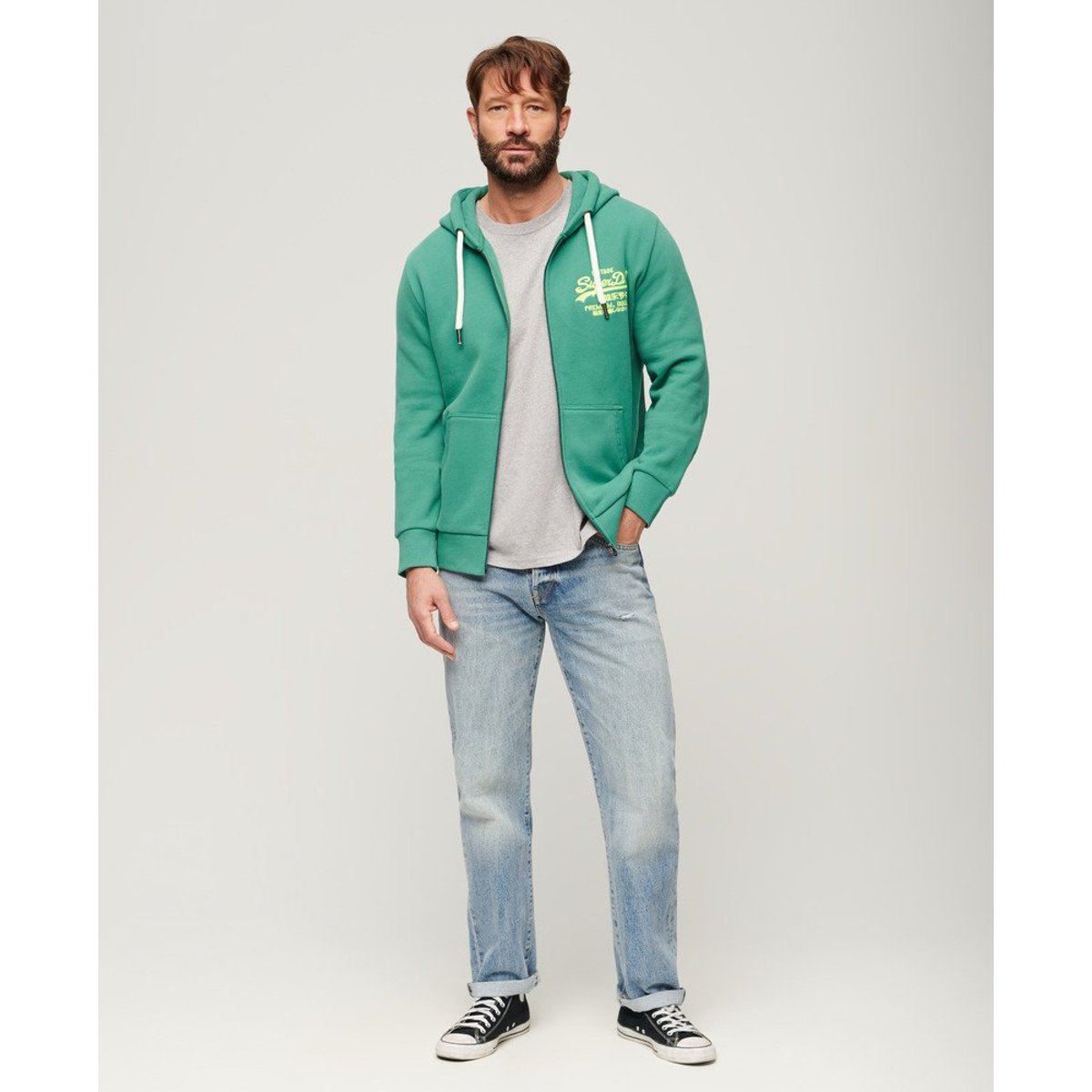 Sweat zippé à capuche avec logo vintage fluo vert galvanisé, SUPERDRY