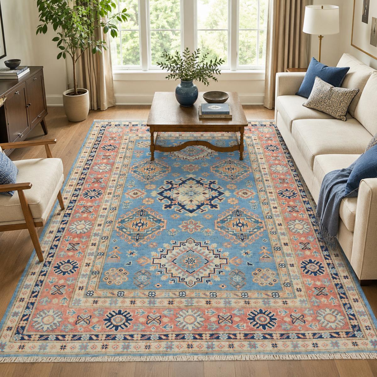 Tapis salon géométrique, artisanal noué main en laine naturelle bleu, beige, rose, UN AMOUR DE TAPIS