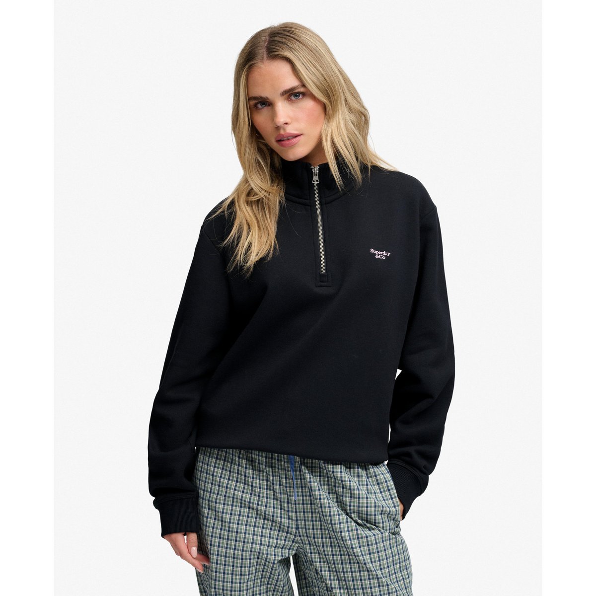Sweatshirt Signature Demi-Zip Brodé bleu marine éclipse, SUPERDRY