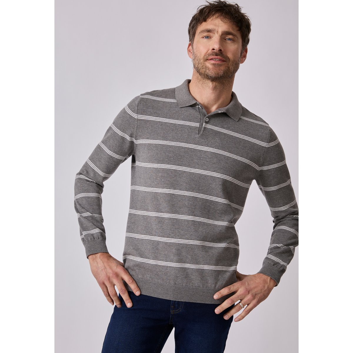 Pull col polo rayé gris chiné rayé, DAMART