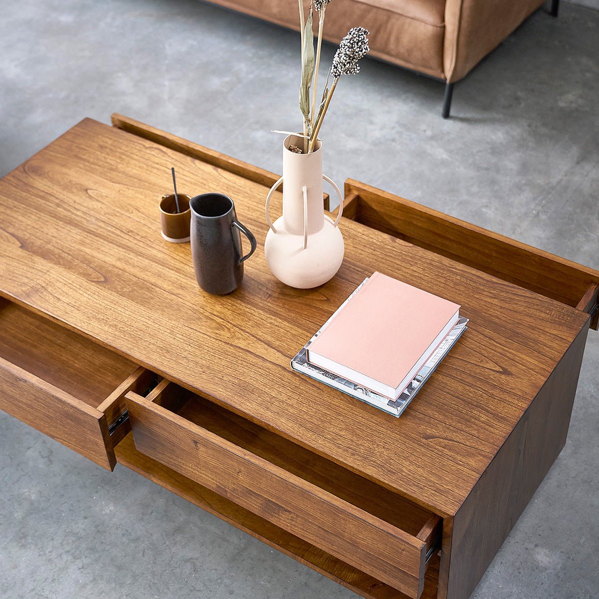 Table basse en bois massif 140 cm 4 tiroirs MILO marron, BERAH GETAH