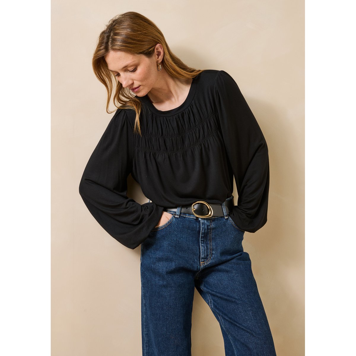 T-shirt fluide en modal manches longues noir, LA FEE MARABOUTEE