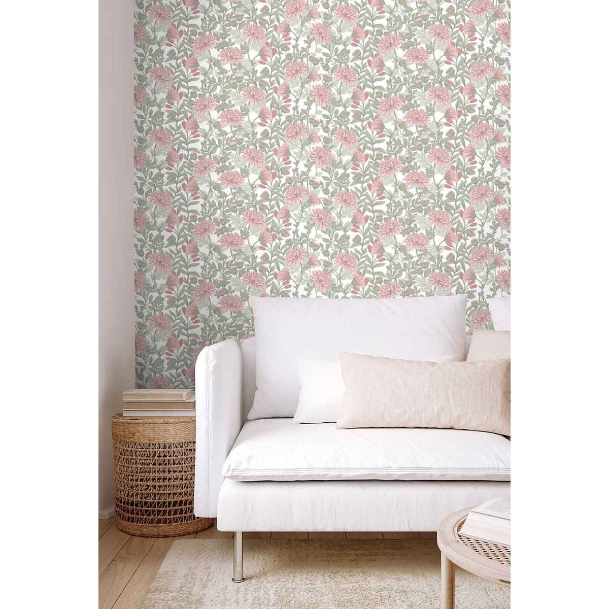 Papier peint chrysanthèmes rose poudré rose, HEXOA