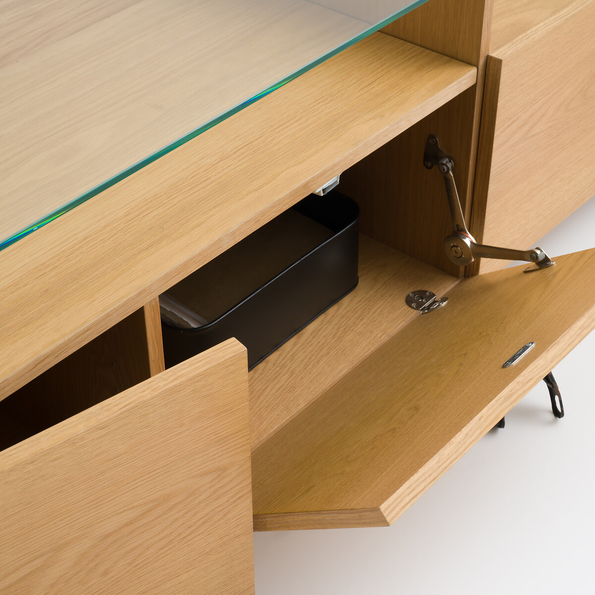 Meuble TV hifi XL, 4 portes, plateau verre, WALOR coloris chêne, LA REDOUTE INTERIEURS
