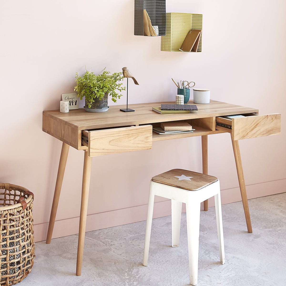 Bureau en bois de teck 120 cm 2 tiroirs ISAURE naturel, BERAH GETAH