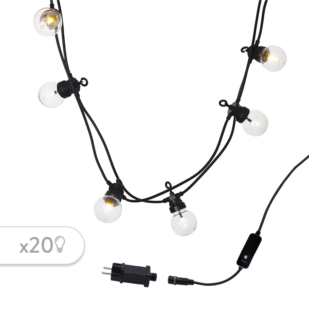 Guirlande lumineuse solaire et sur secteur raccordable 20 ampoules transparentes LED blanc chaud PARTY CLEAR 20 L8.70m transparent, LUMISKY
