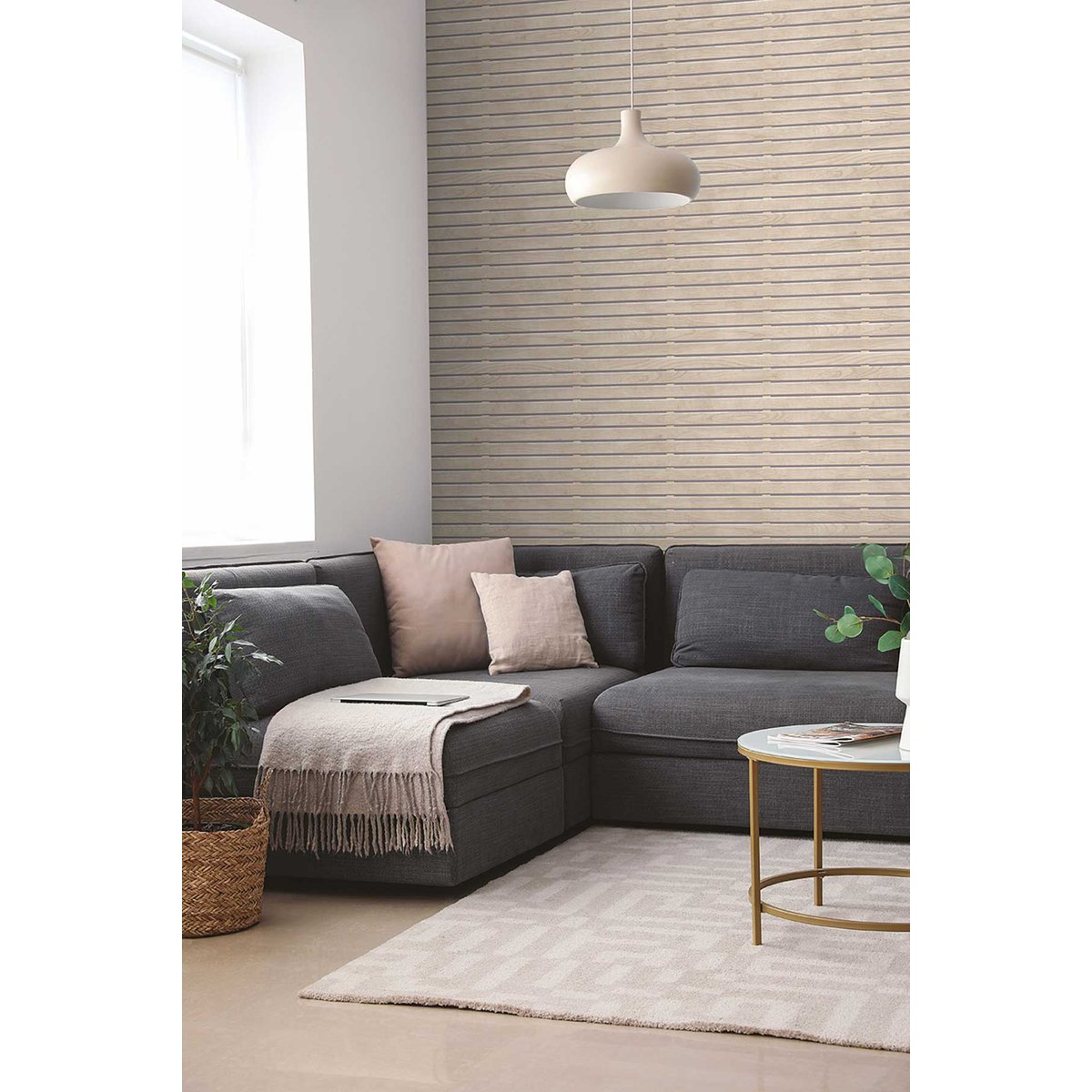 Papier peint bois clair à lattes horizontales beige, HEXOA
