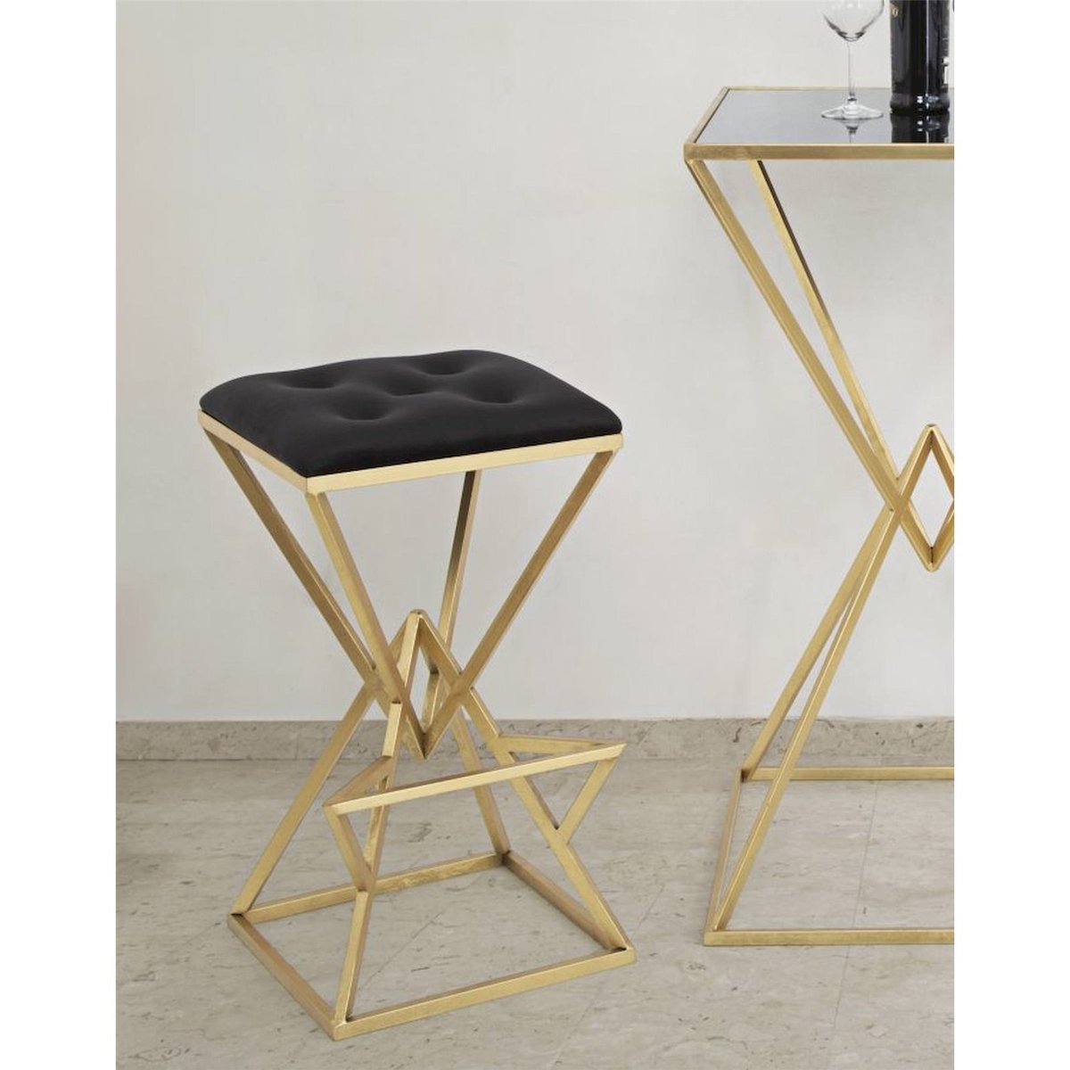 Tabouret de bar métal et verre capitonné GLAM doré et noir, RECOLLECTION