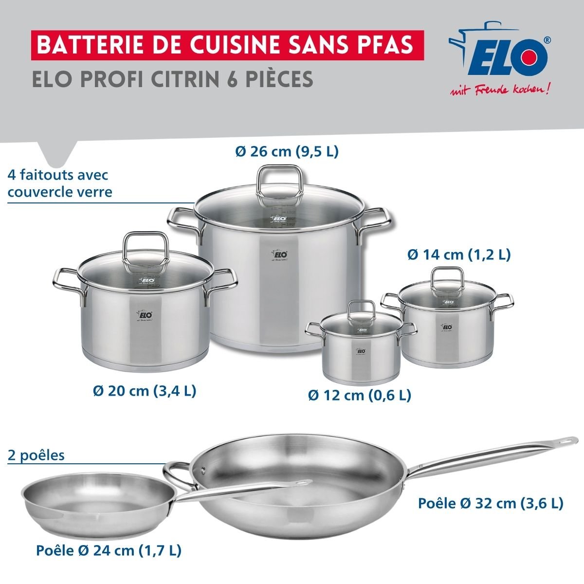 2 poêles 24/32cm + 4 faitouts 12/14/20/26cm PROFI CITRIN gris, ELO
