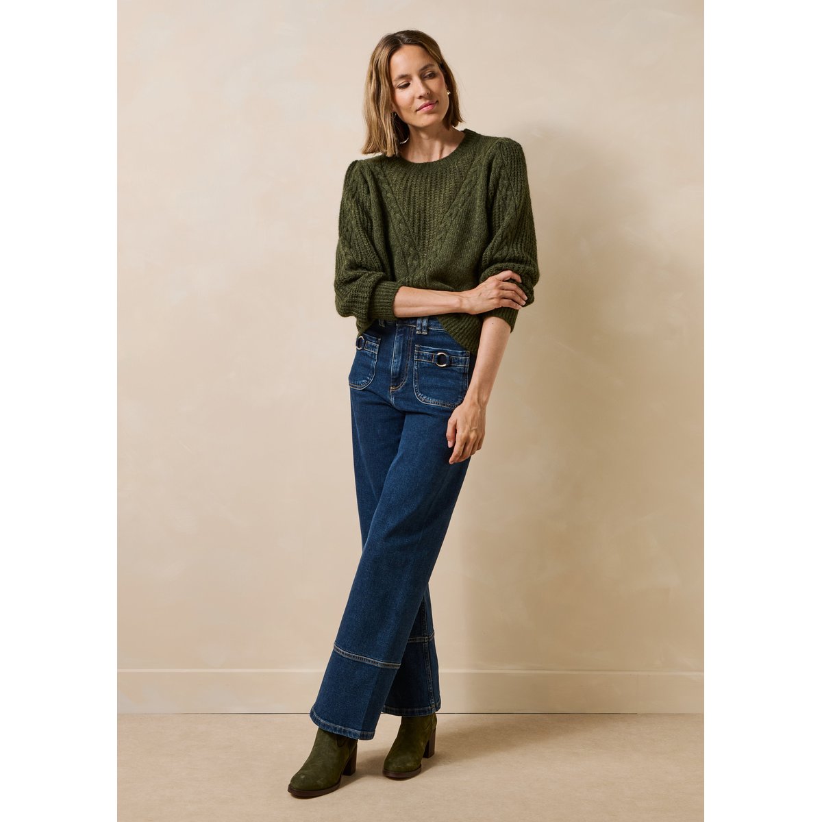 Pull manches longues en maille irisée col rond kaki, LA FEE MARABOUTEE