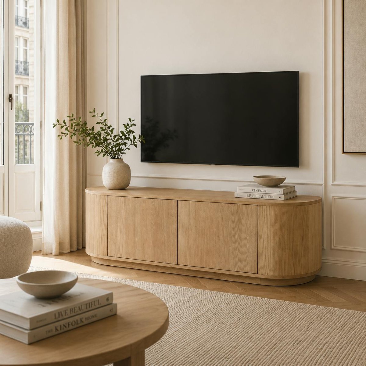 Meuble TV design en chêne, 2 portes LOREN bois clair, PIER IMPORT