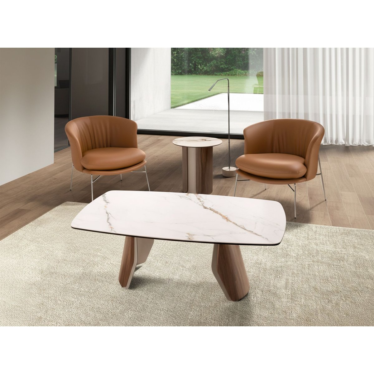 Table basse ovale en marbre porcelainé, acier et bois blanc | sable | noyer, ANGEL CERDA