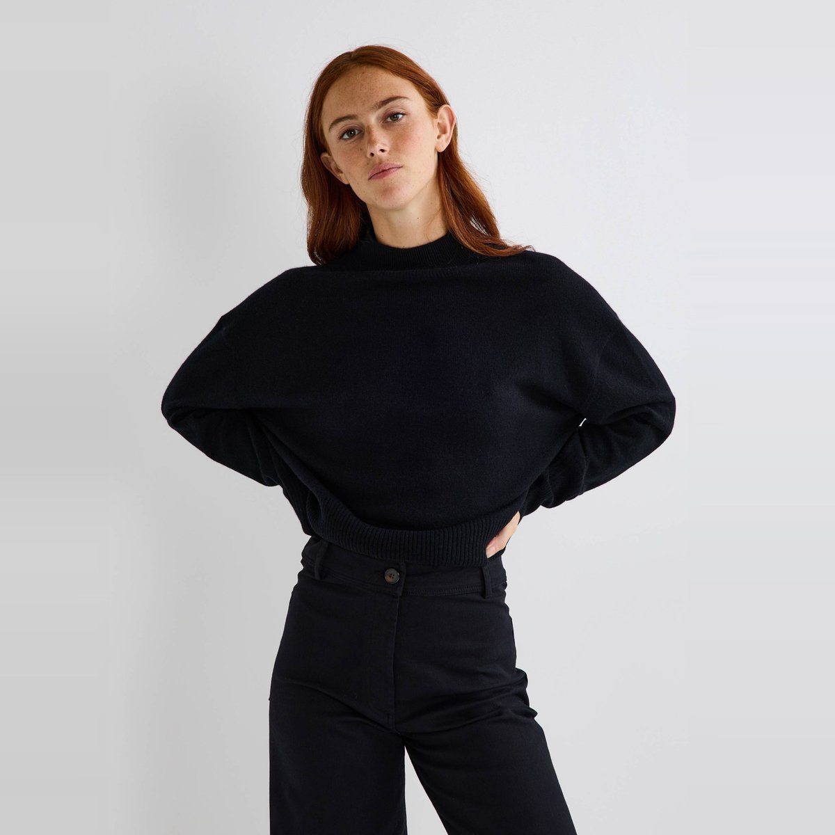 Pull court col montant en cachemire noir, MONOPRIX