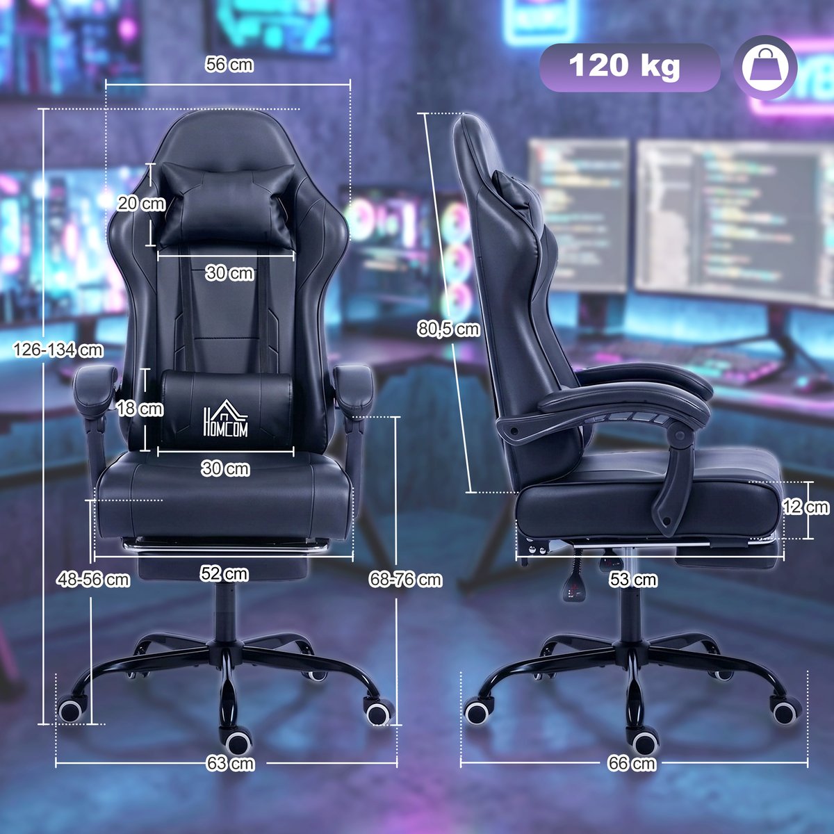 Fauteuil gaming Revêtement synthétique et noir, HOMCOM