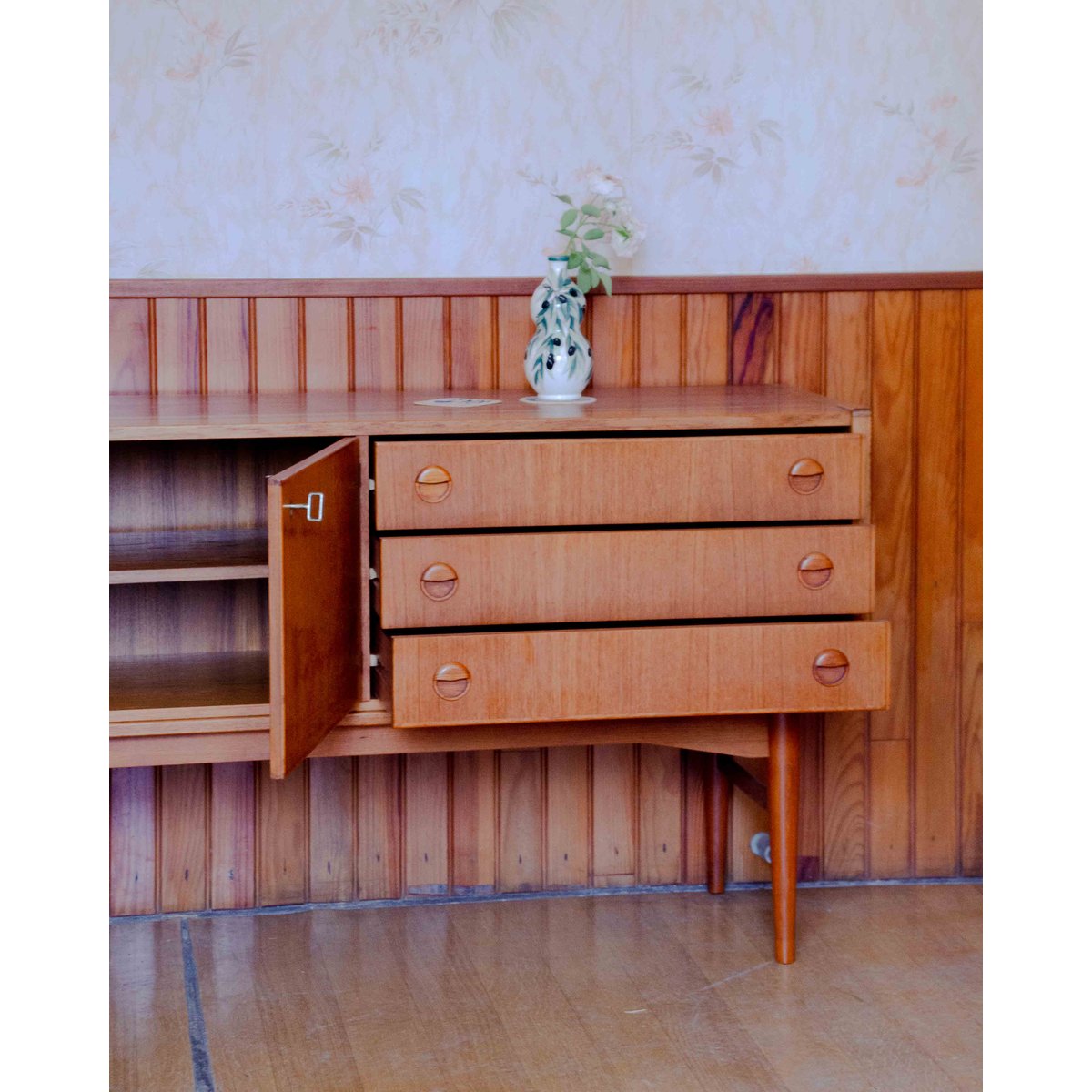 Grande enfilade en teck et acajou Margaret N°508 - Bon état bois clair, DEBONGOUT
