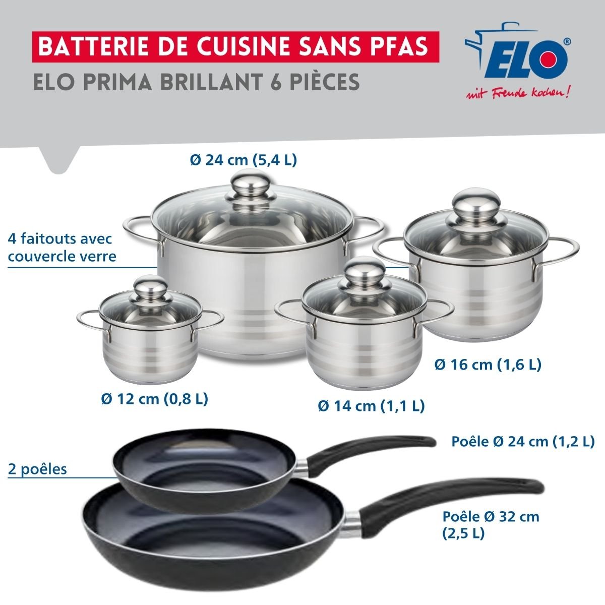 2 poêles 24/32cm + 4 faitouts 12/14/16/24cm PRIMA BRILLANT noir, ELO