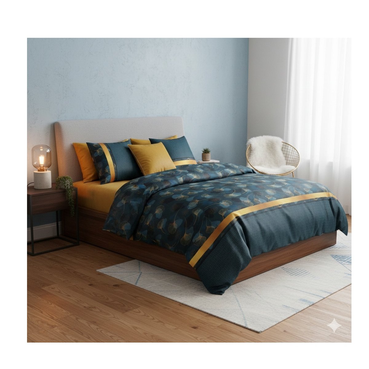 Parure de lit Feuilles Gincko bleu, EDEN
