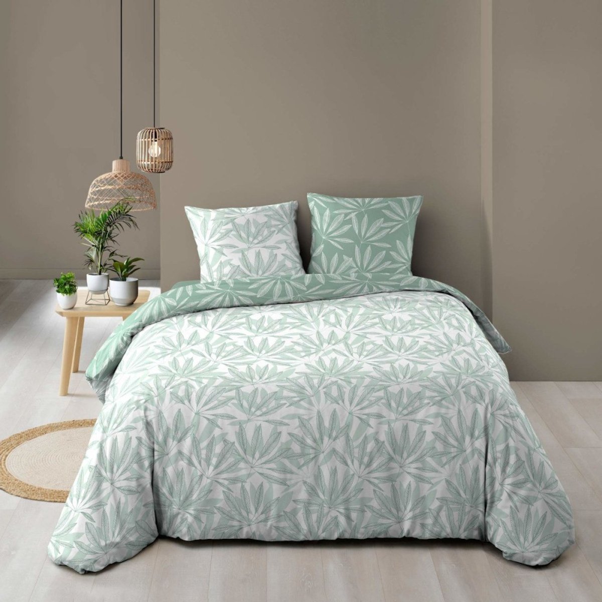 Housse de couette 260x240 + 2 taies MALIA sauge 100% coton vert, DECORATIE