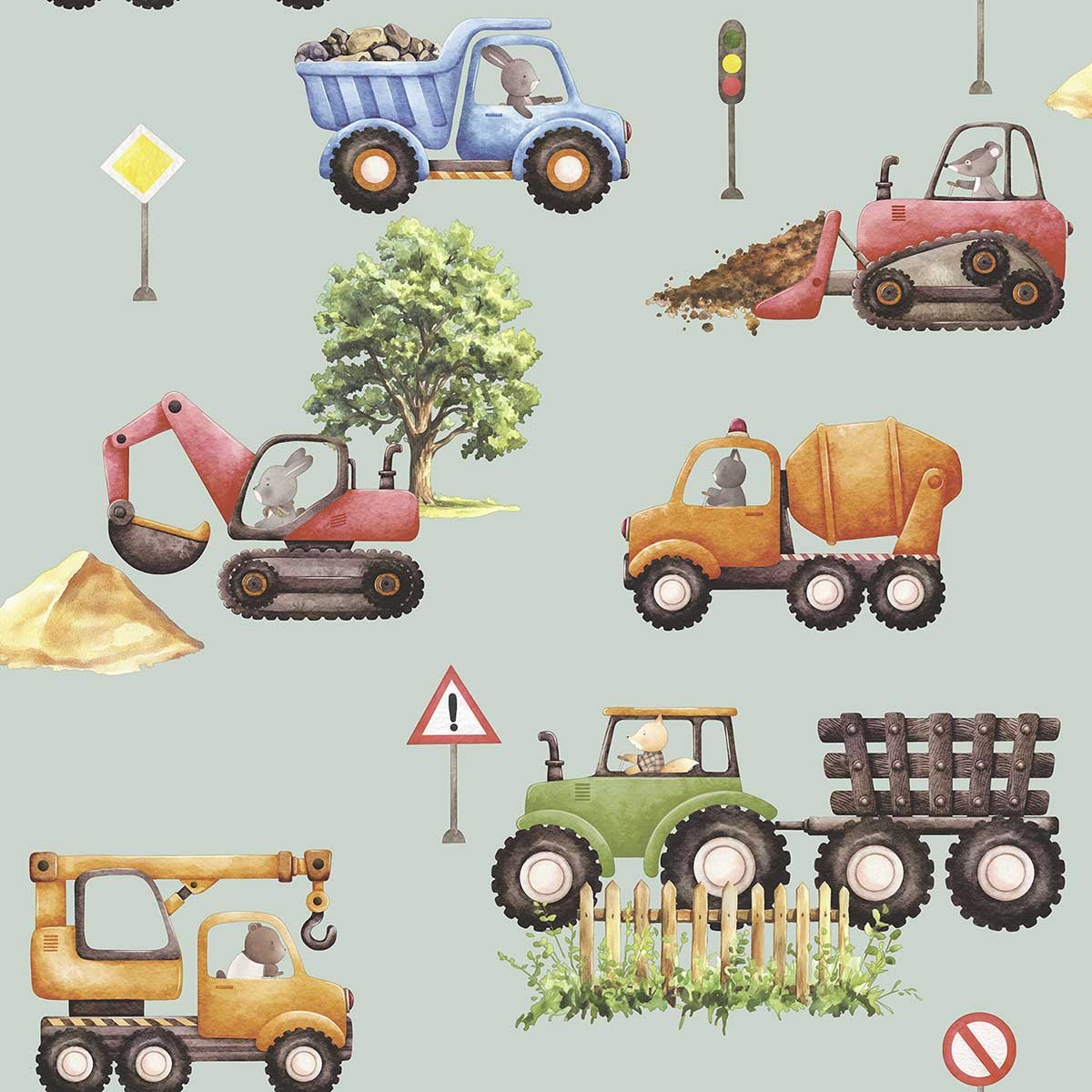 Papier peint engins chantier animaux fond vert multicolore, HEXOA