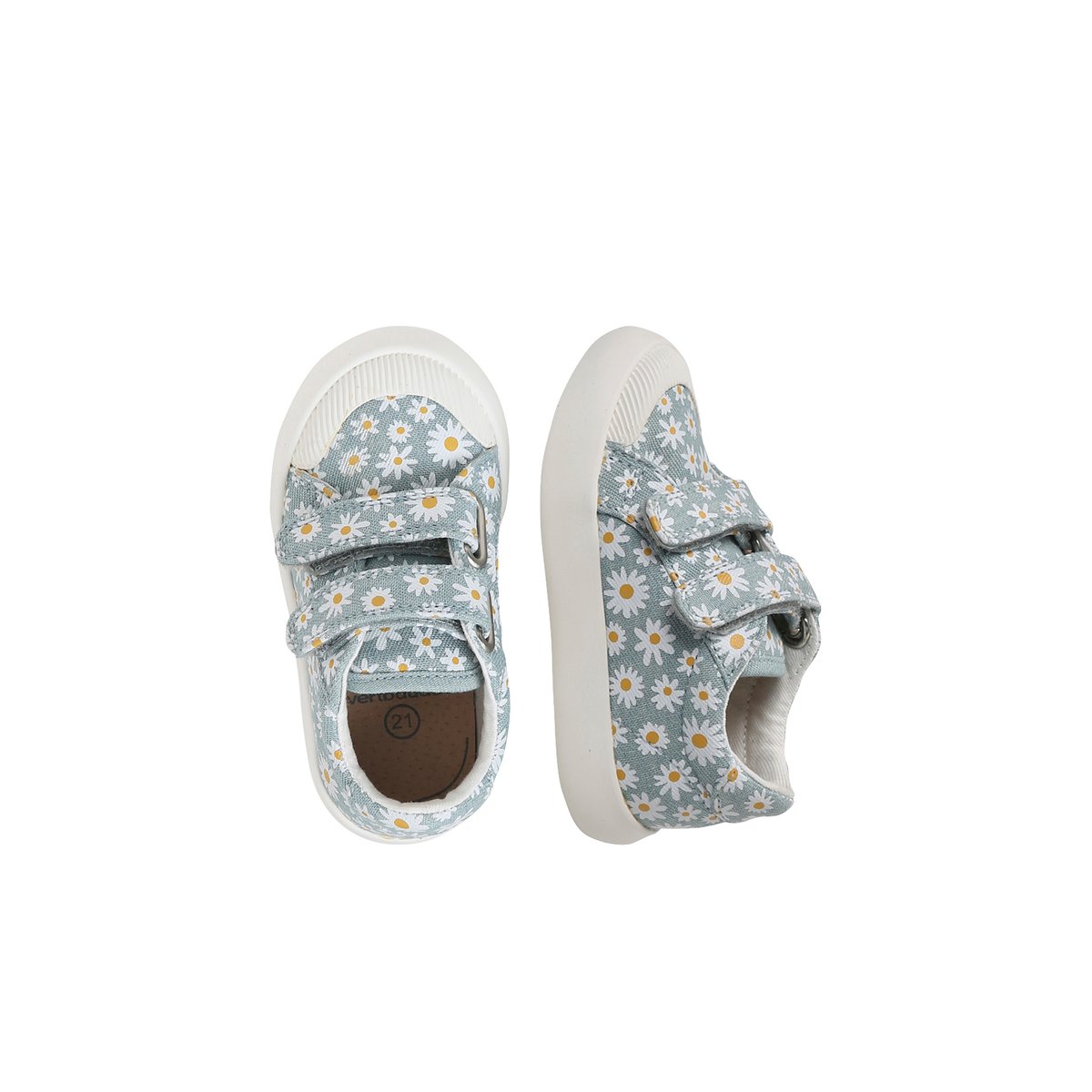 Baskets scratchées bébé en toile bleu imprimé marguerites, VERTBAUDET