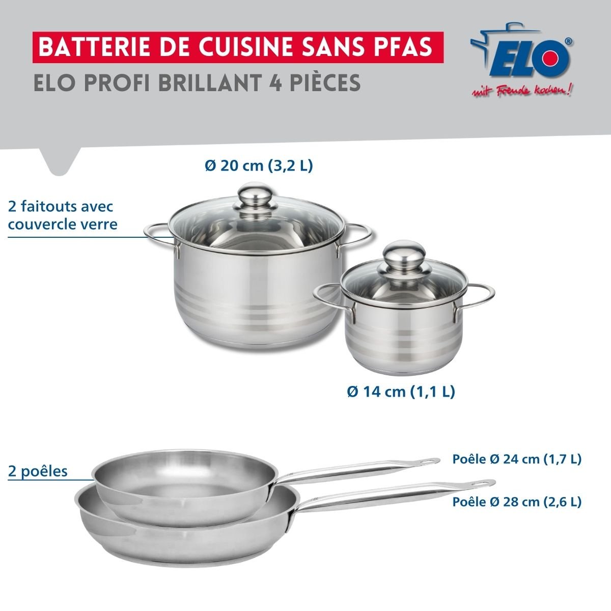 Batterie 2 poêles 24/28cm + 2 faitouts 14/20cm PROFI BRILLANT gris, ELO