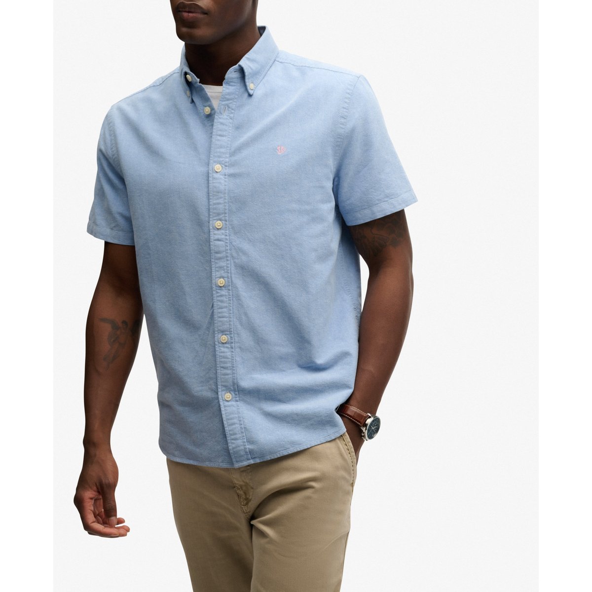 Chemise Oxford Preppy à manches courtes chambray bleu ciel, SUPERDRY