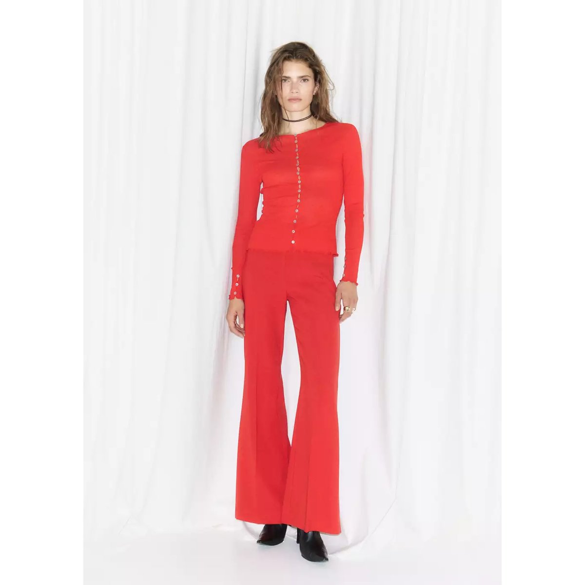 T-shirt côtelé boutons rouge, MANGO