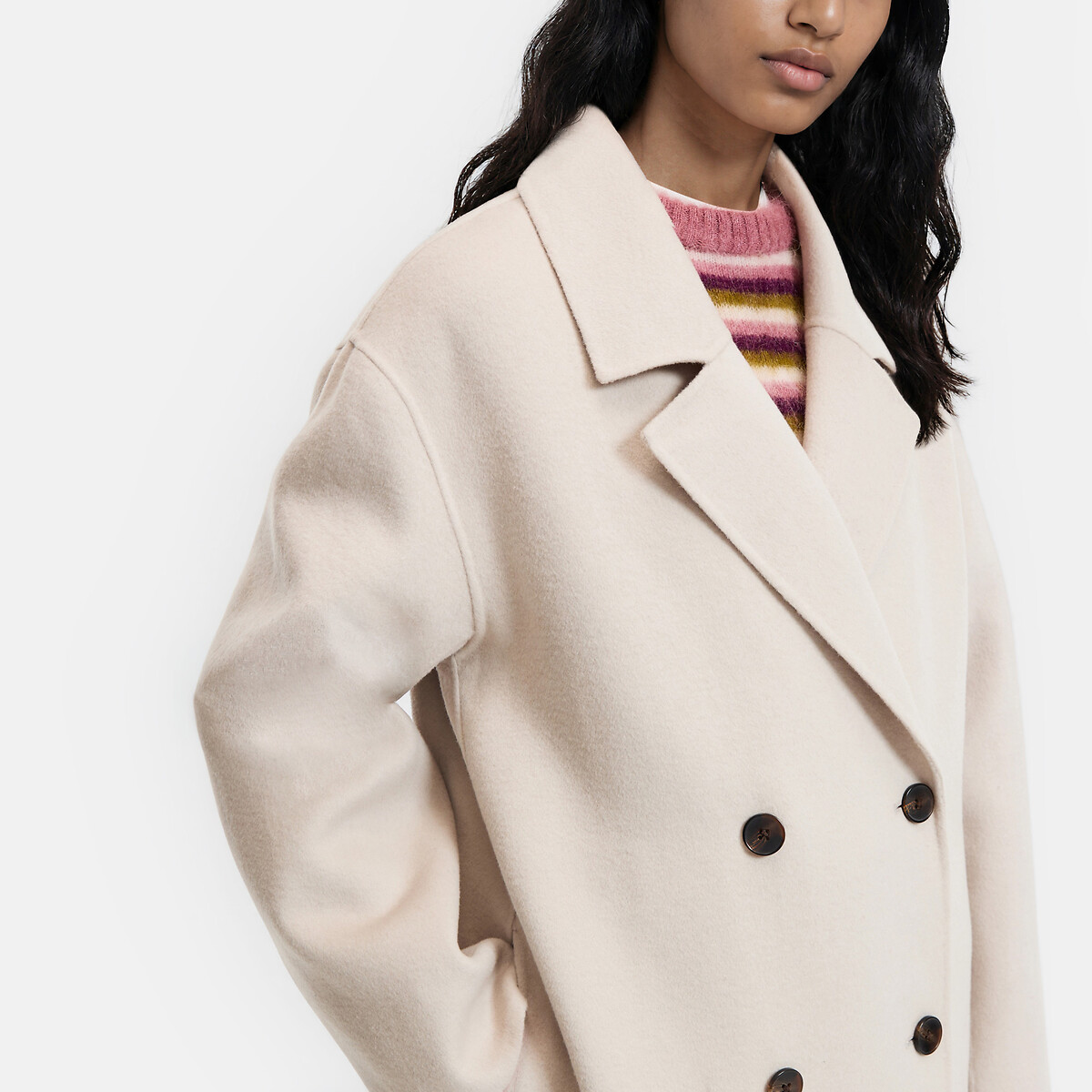 Abrigo oversize cruzado de confección artesanal en mezcla de lana beige jaspeado, LA REDOUTE COLLECTIONS