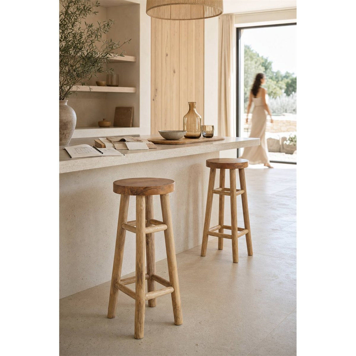 Tabouret haut en teck massif naturel, RECOLLECTION
