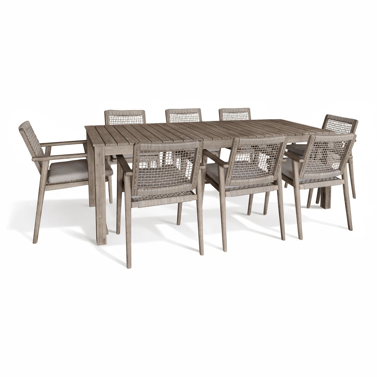 Salon de jardin table 230cm et 8 fauteuils en bois d'acacia et corde tréssée, EDEN bois d’acacia vieilli, NOW'S HOME
