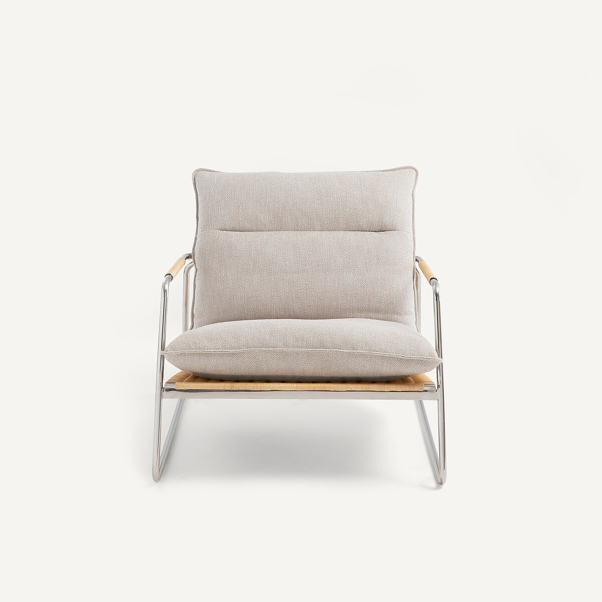 Fauteuil en métal acier et rotin tressé, coussin en coton chiné, SVEN ecru, AM.PM